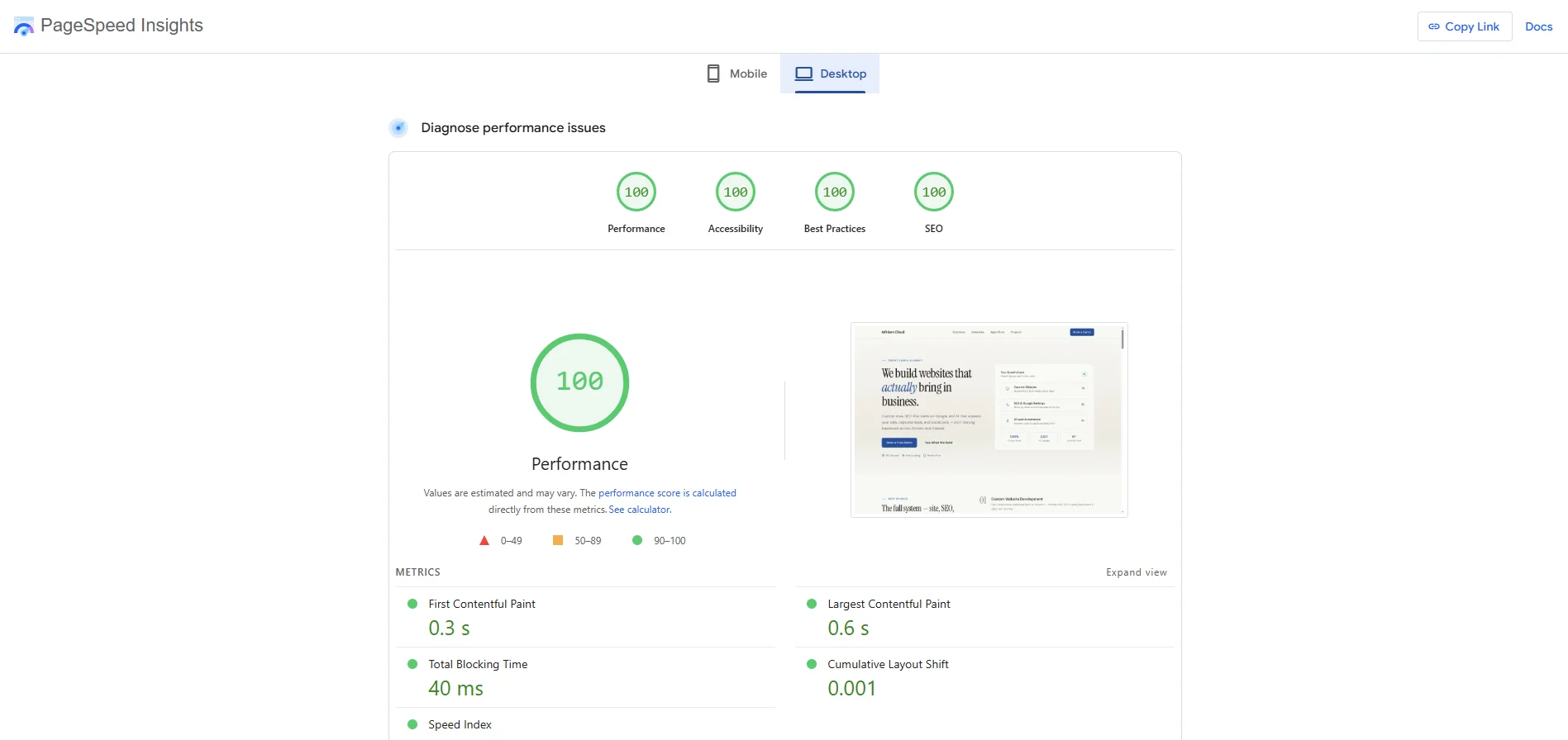 Google PageSpeed Insights report showing perfect 100 scores in Performance, Accessibility, Best Practices, and SEO for infiniumcloud.ca
